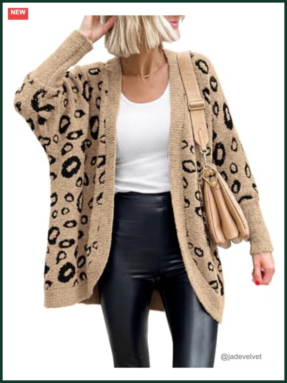 Women's Leopard Knit Cardigan Batwing Long Sleeve Slouchy Open Front Sweater